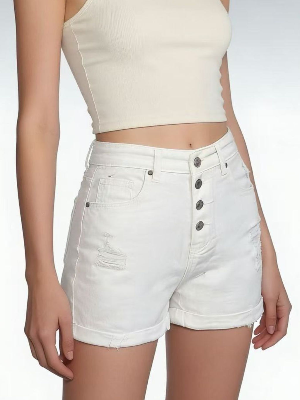 High-Waisted Button-Fly Distressed Denim Shorts