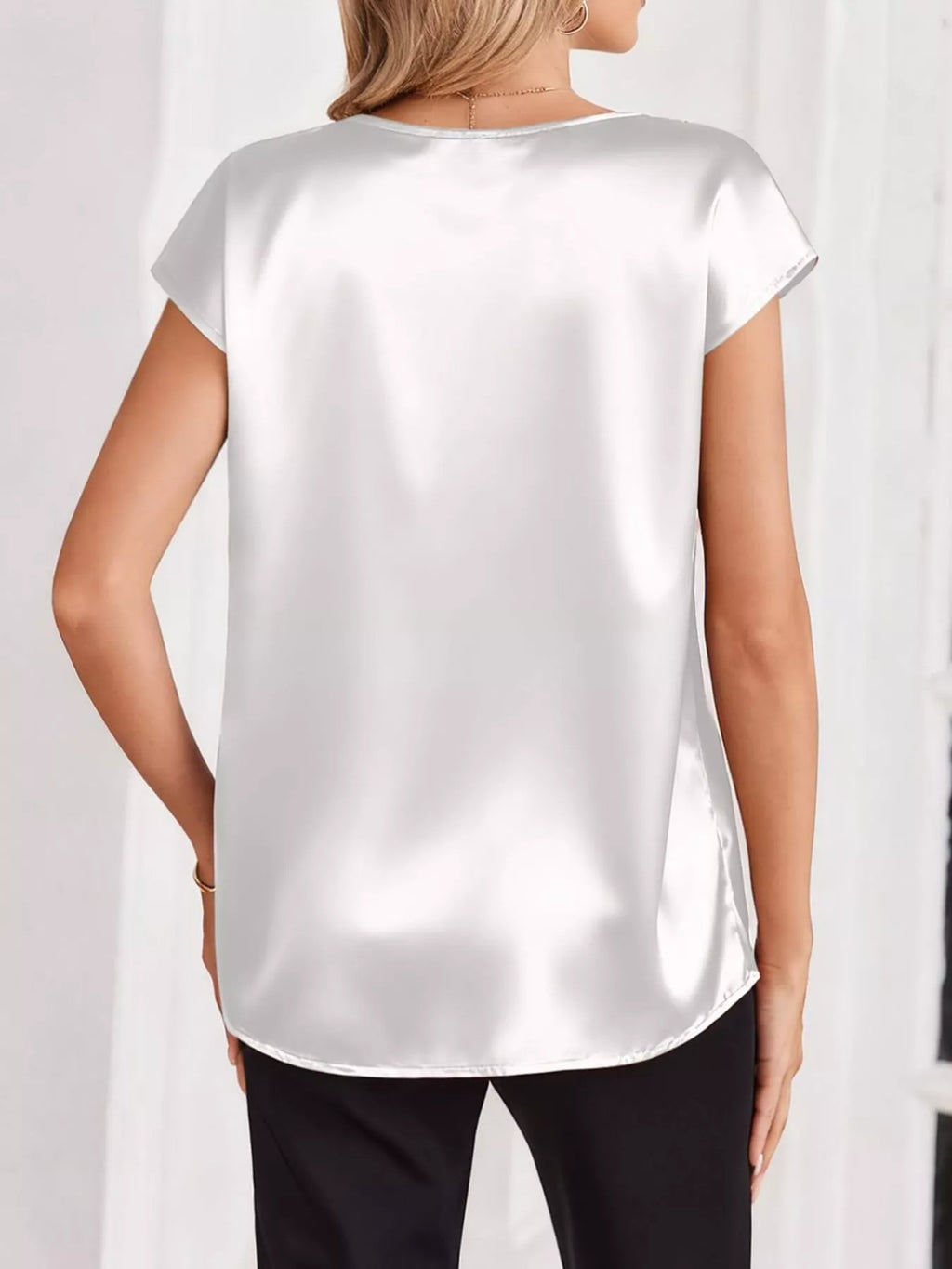 Satin V-Neck Cap Sleeve Blouse
