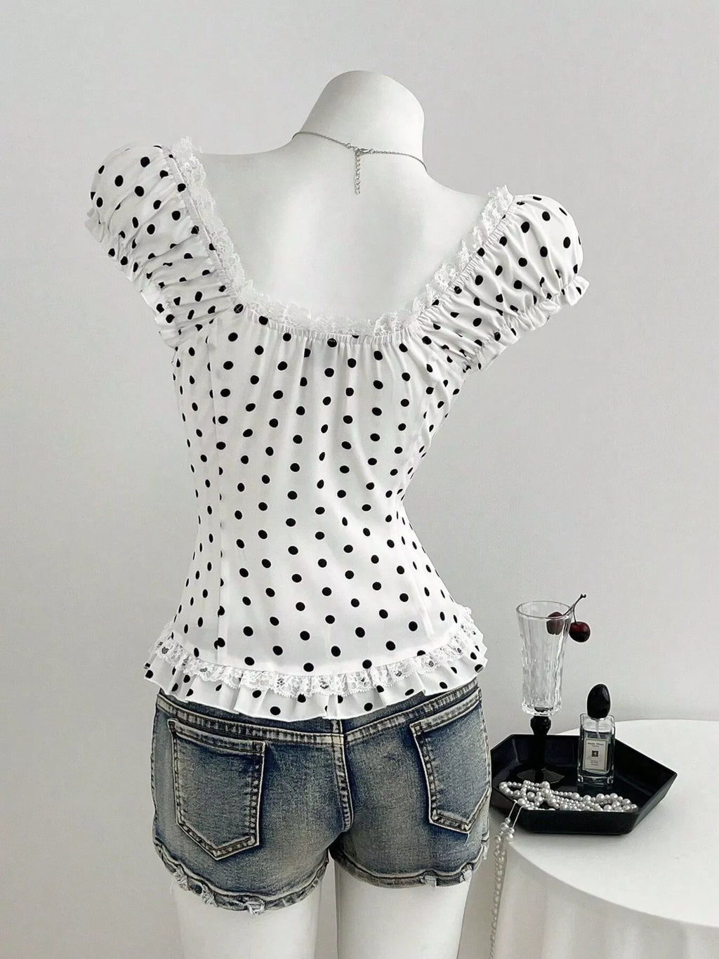 Polka Dot Lace Trim Cap Sleeve Blouse
