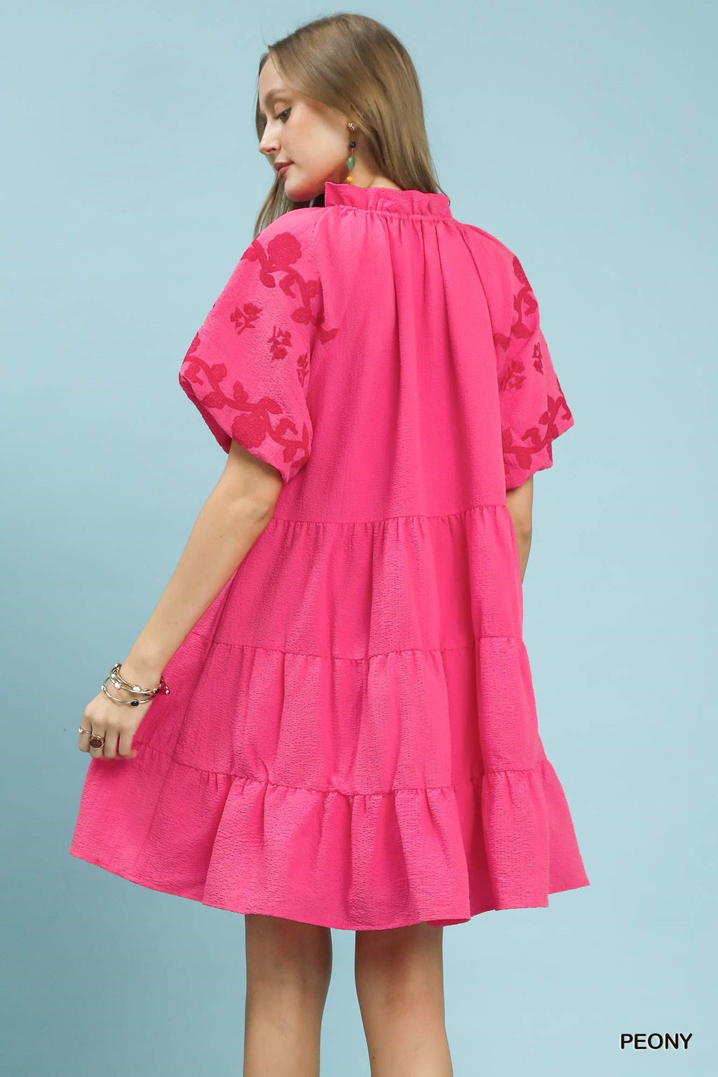 Umgee Embroidered Tiered Puff Sleeve Mini Dress