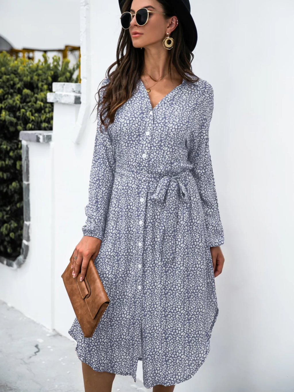 Button Down Printed Long Sleeve Shirt Dress