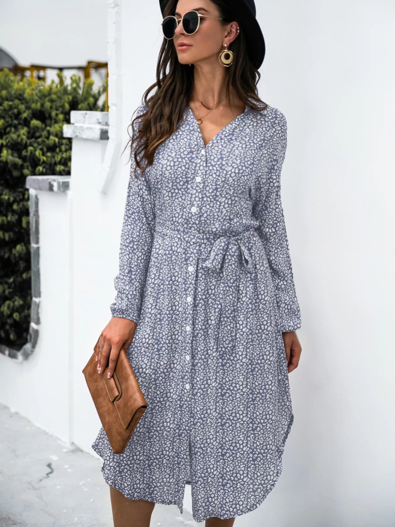 Button Down Printed Long Sleeve Shirt Dress
