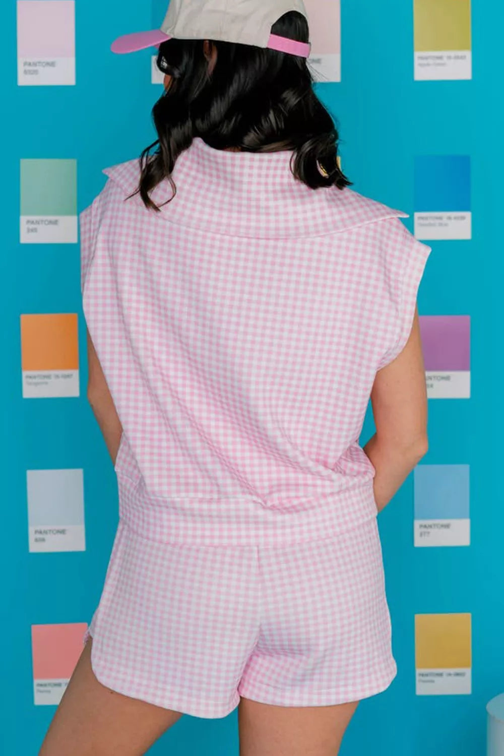 Plaid Zip Neck Sleeveless Top Elastic Waist Shorts Casual Two Piece Set