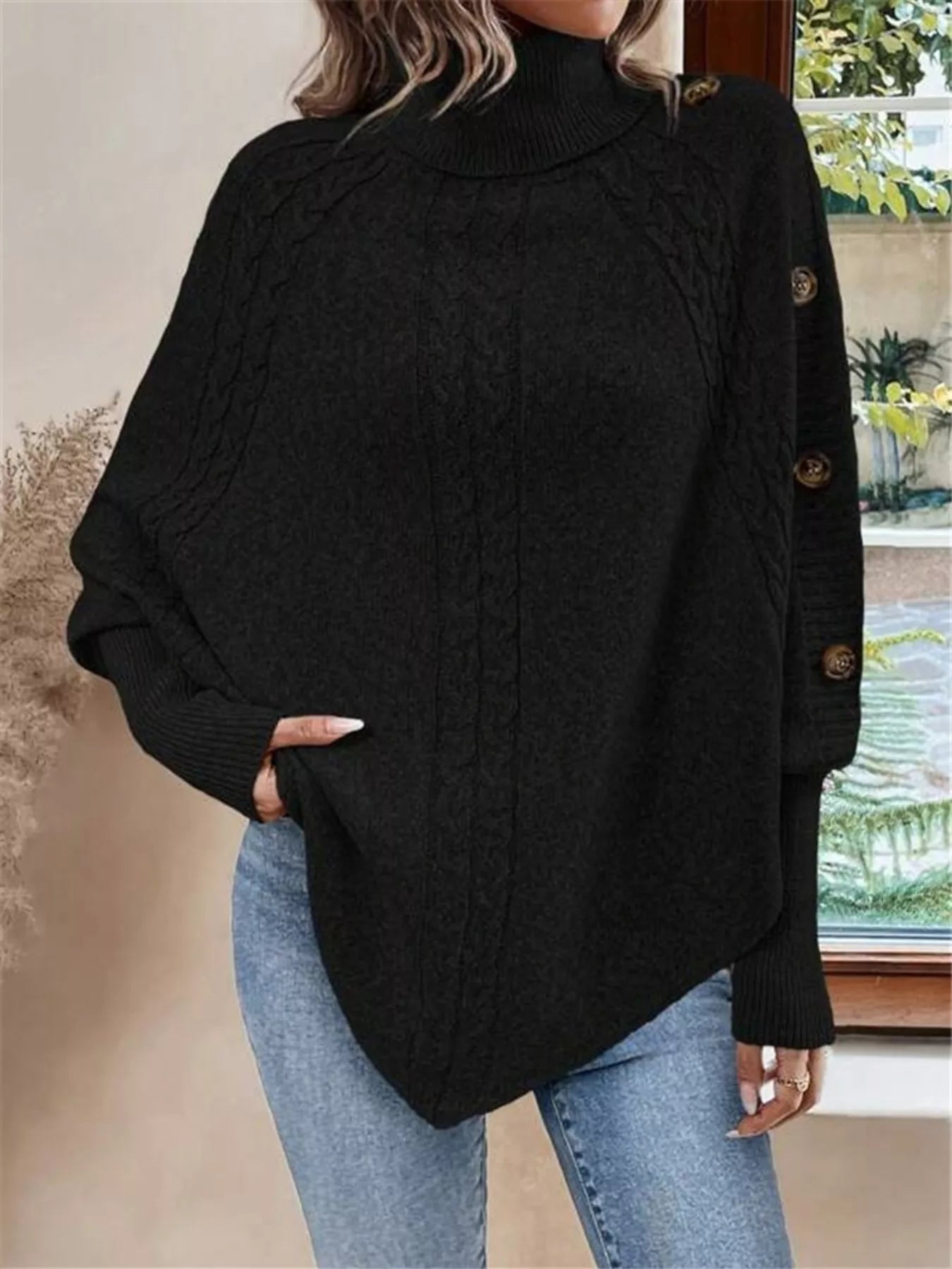 Cable Knit Turtleneck Cape Sweater