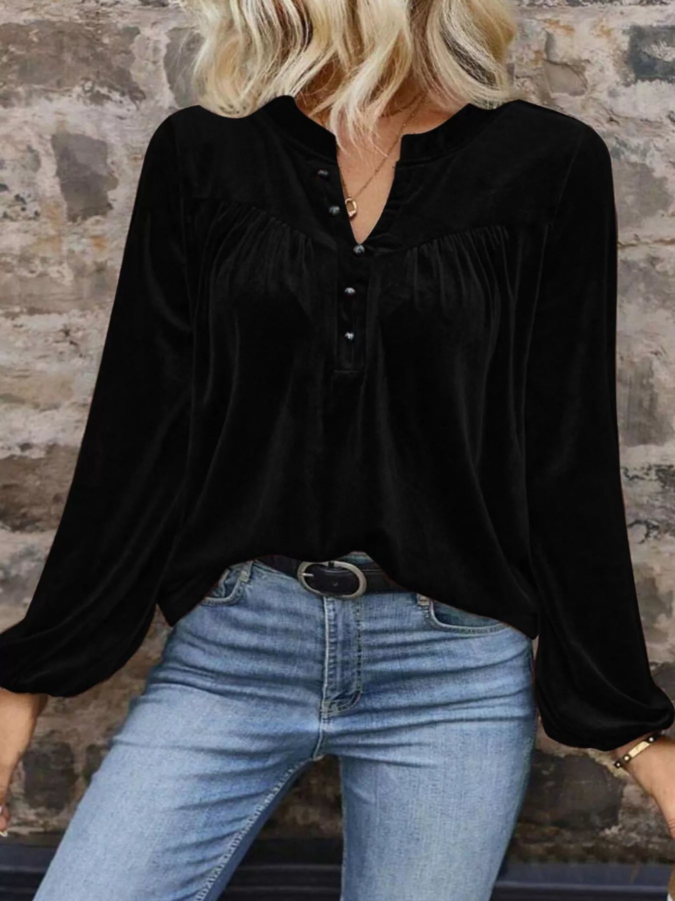 Velvet Balloon Sleeve Blouse