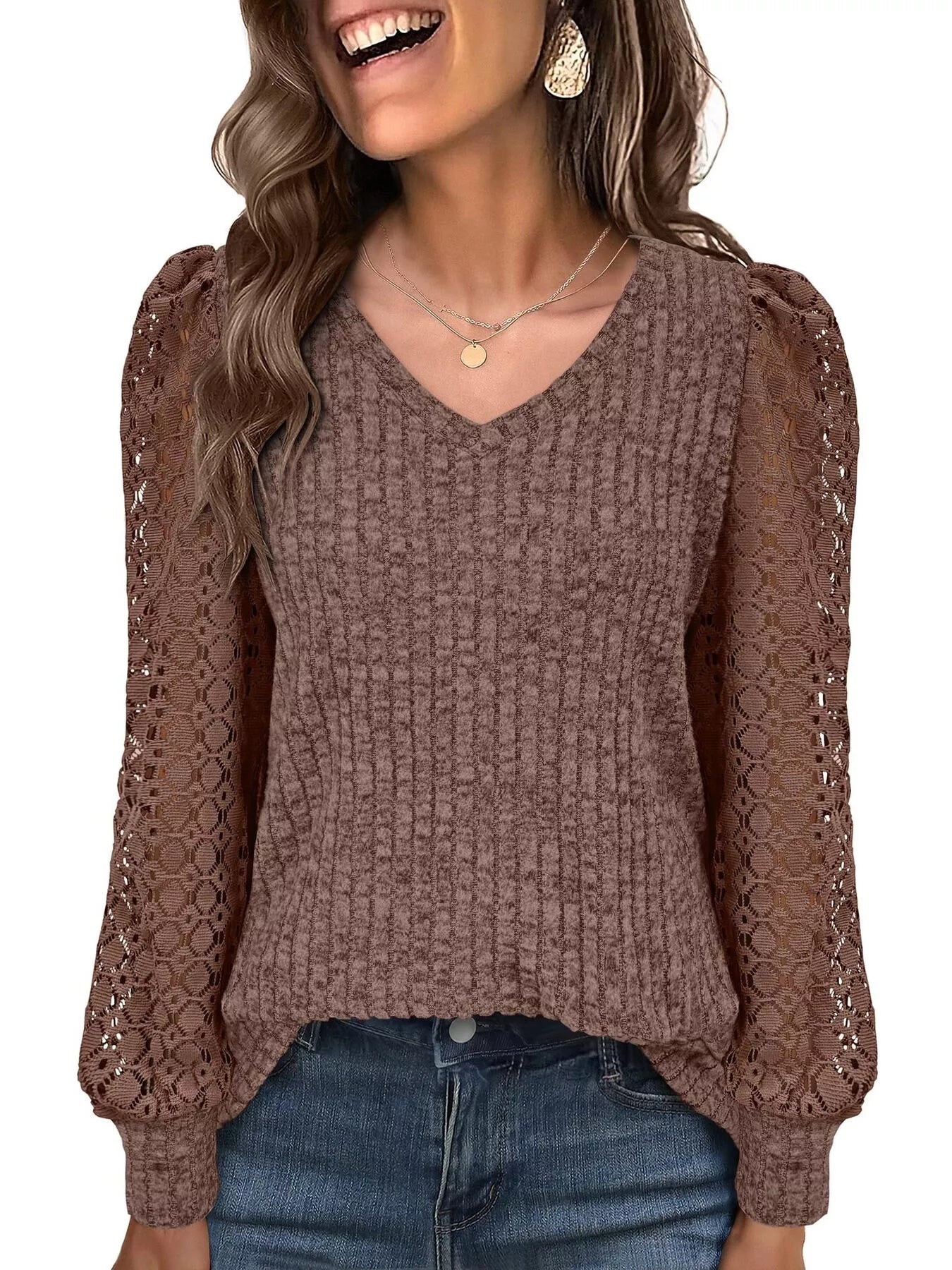 Lace Sleeve V-Neck T-Shirt