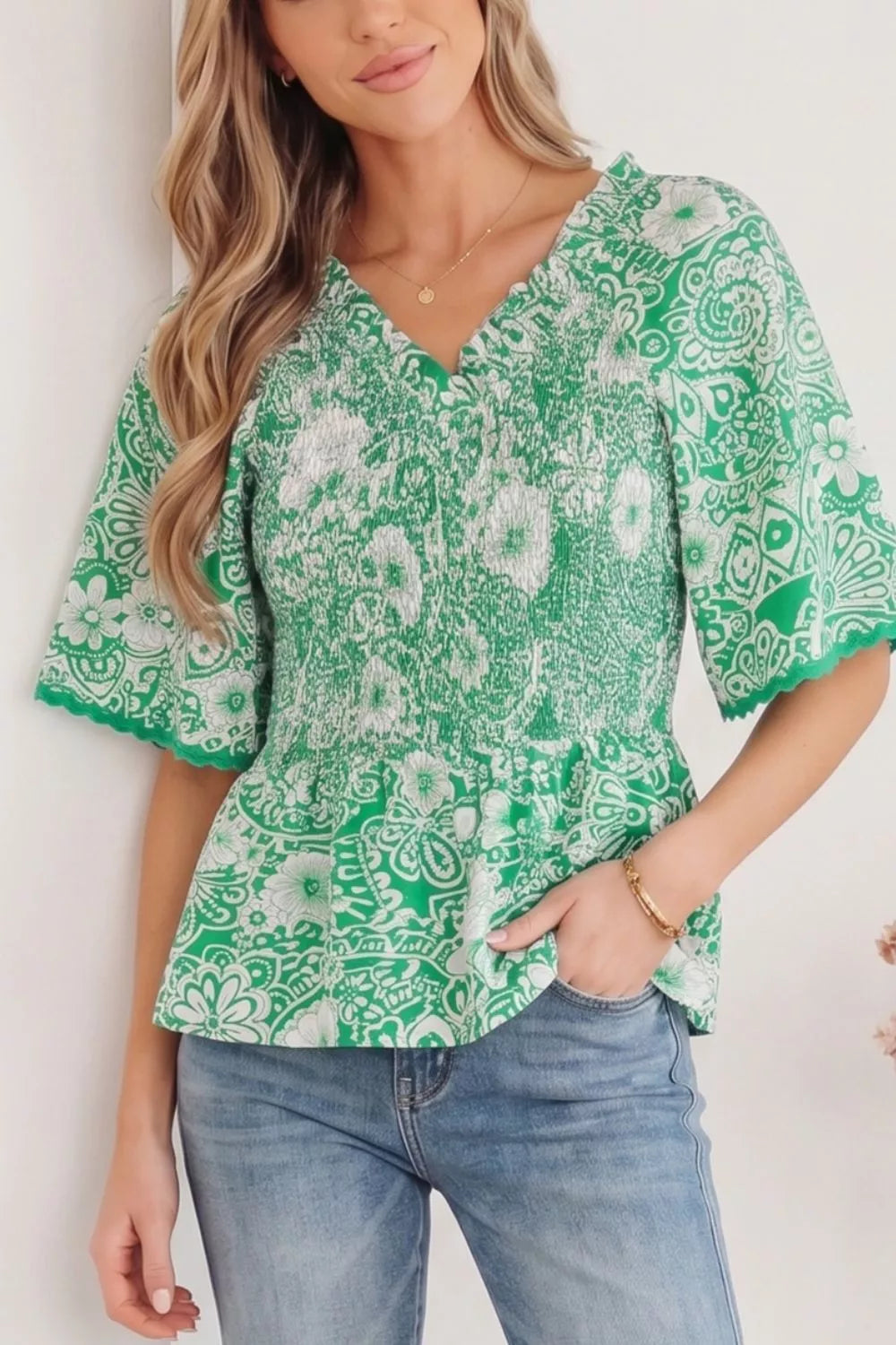 Flirty Floral Smocked V Neck Blouse