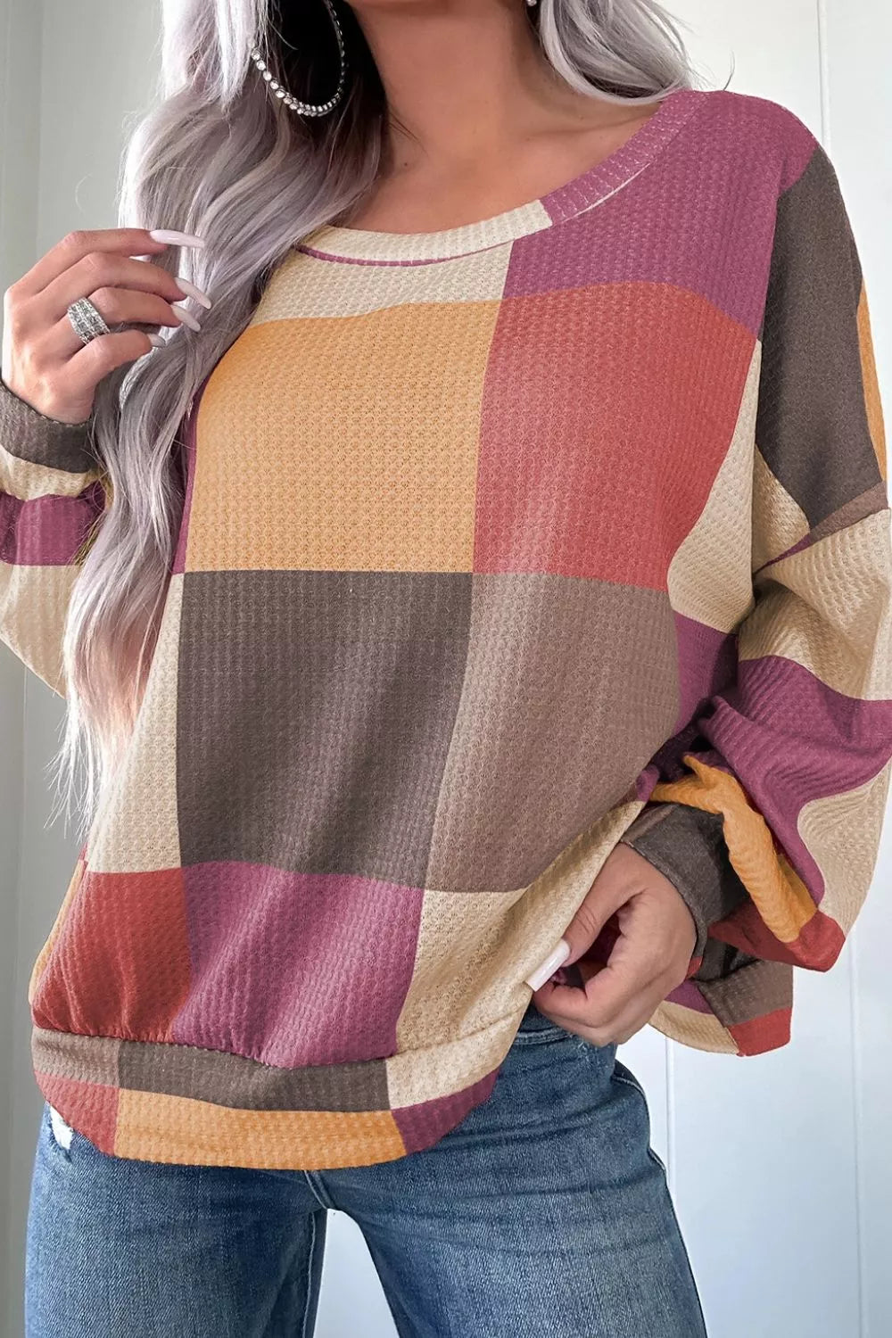 Color Block Round Neck Long Sleeve Top