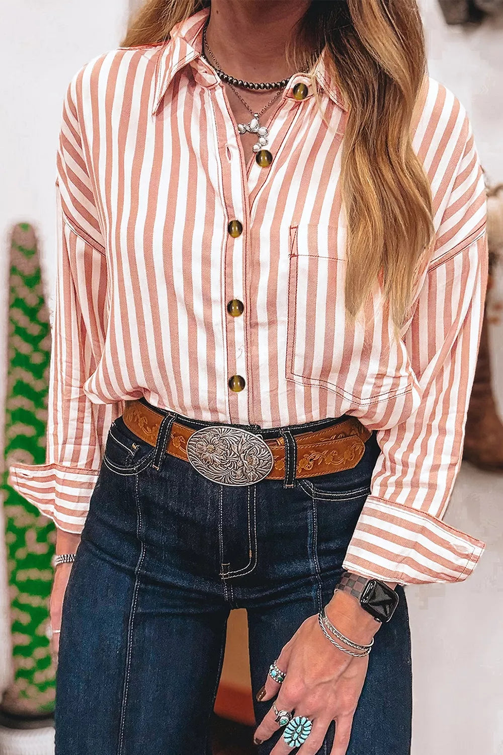 Stripe Western Button Down Long Sleeve Casual Shirt