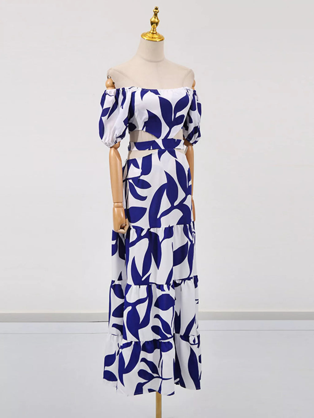 Off-Shoulder Cutout Leaf Print Maxi Dress