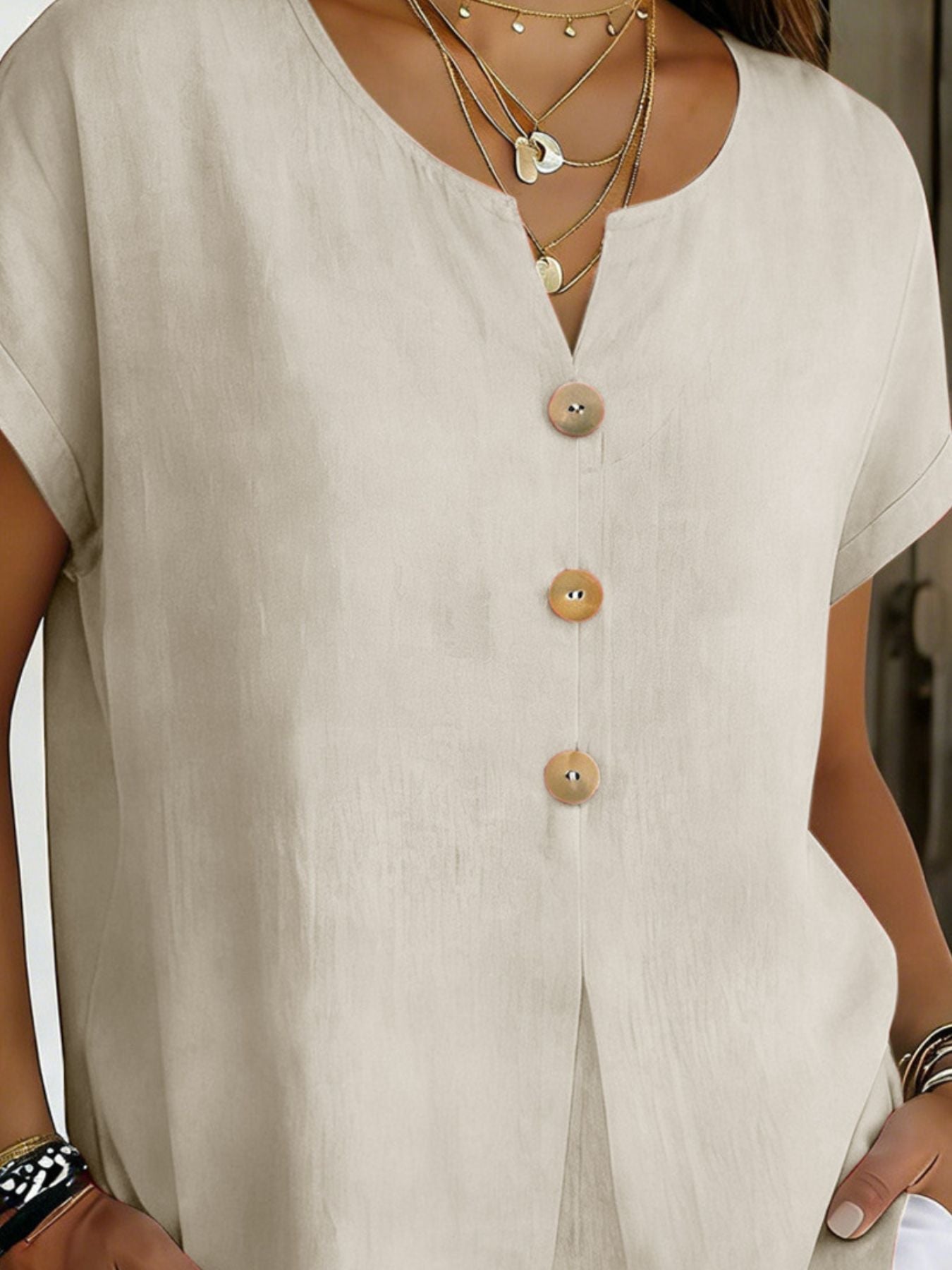 Decor Button Short Sleeve Blouse