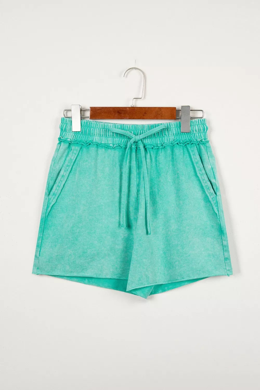 Mineral Washed Drawstring Elastic Waist Raw Cut Shorts