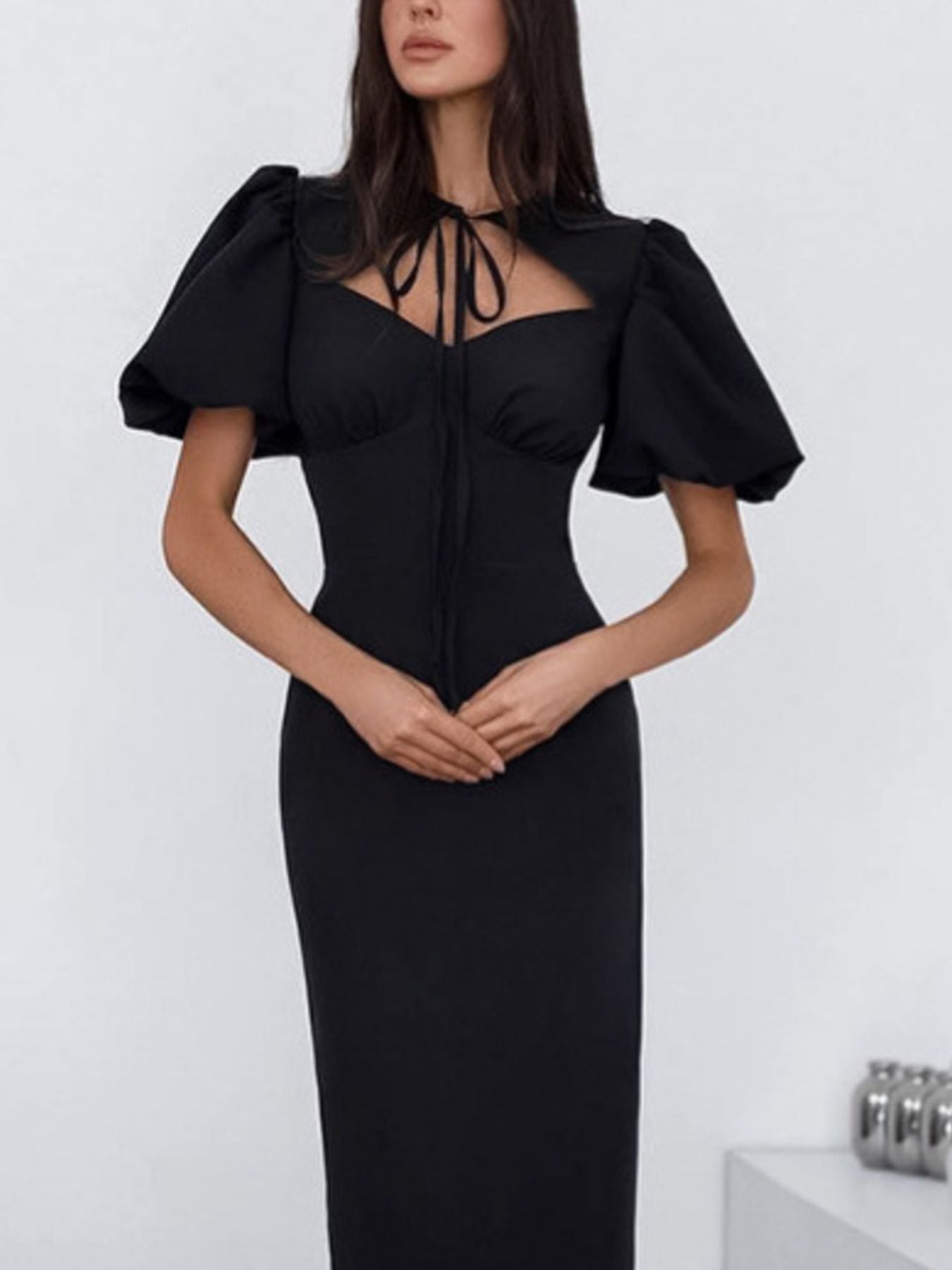Cutout Front Puff Sleeve Dress