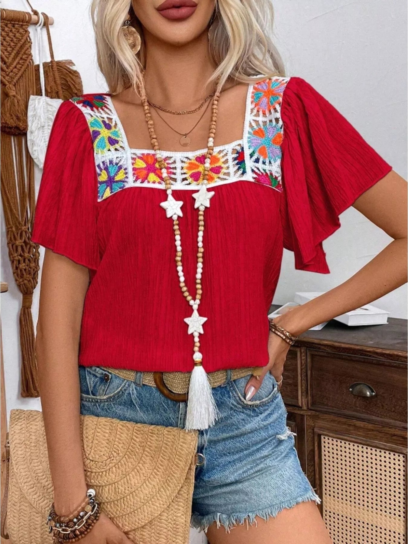 Embroidered Square Neck Flutter Sleeve Blouse