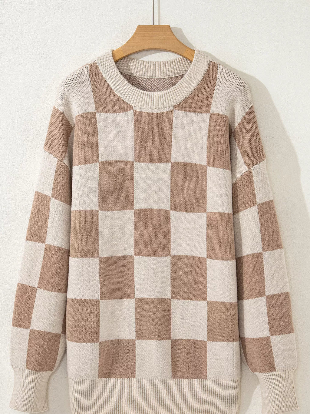 Checkered Pattern Ribbed Trim Knit Baggy Sweater