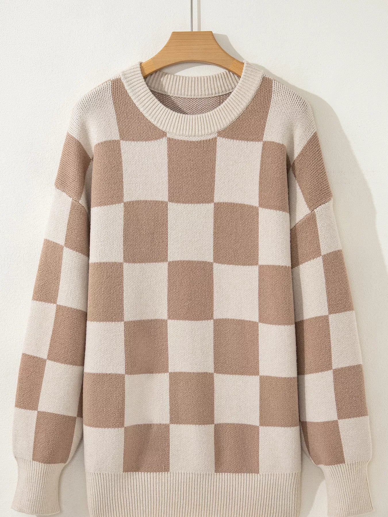 Checkered Pattern Ribbed Trim Knit Baggy Sweater