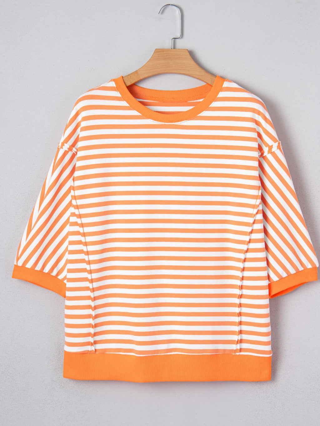 Stripe 3/4 Sleeve Exposed Seam Patchwork Pullover Top