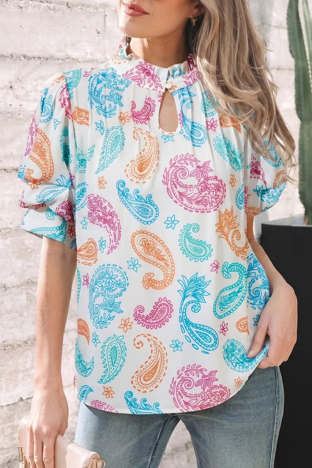 Multicolour Vibrant Paisley Printed Button Keyhole Puff Sleeve Blouse