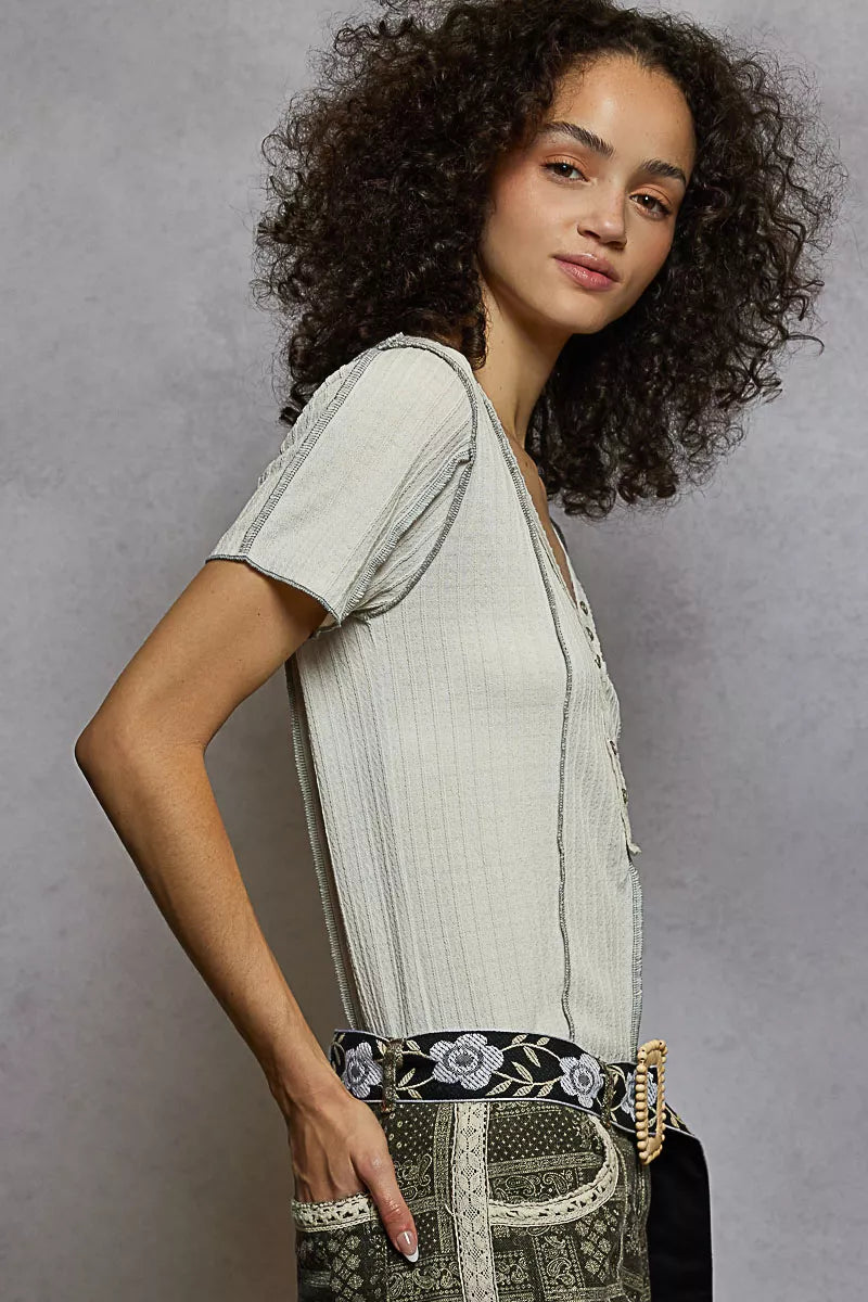 POL V-Neck Short Sleeve Top with Stitch Seam Detail