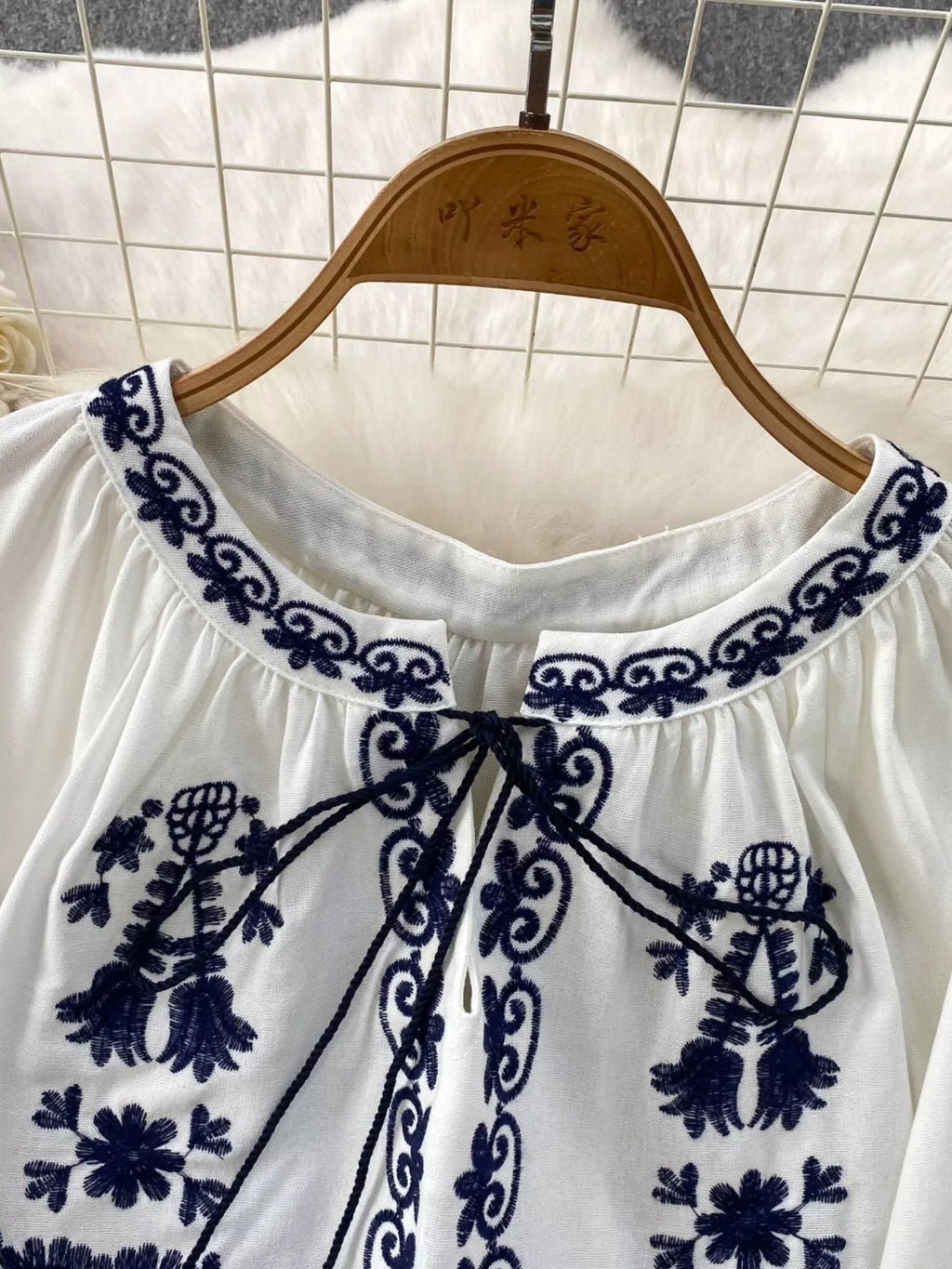 Embroidered Tie Neck Blouse