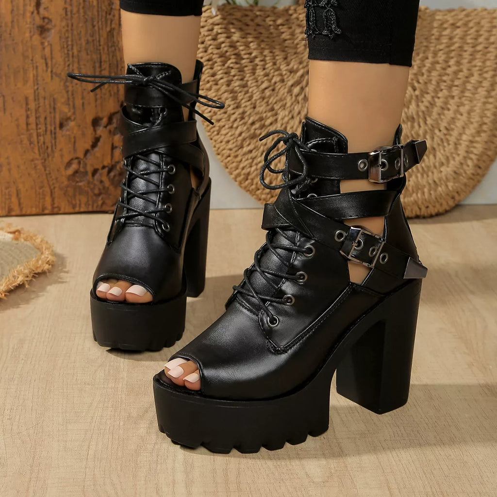 Lace Up Block Heels Sandals