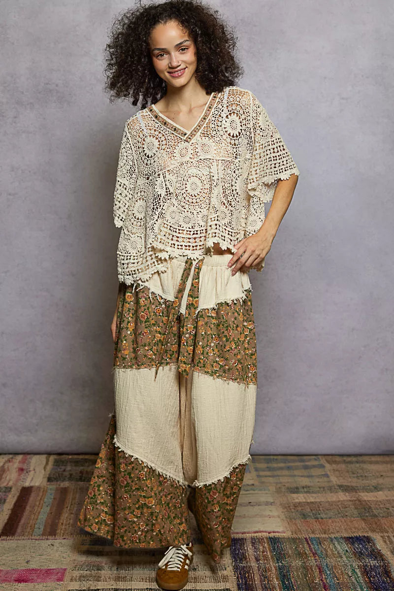 POL V-Neck Crochet Top with Scalloped Hem