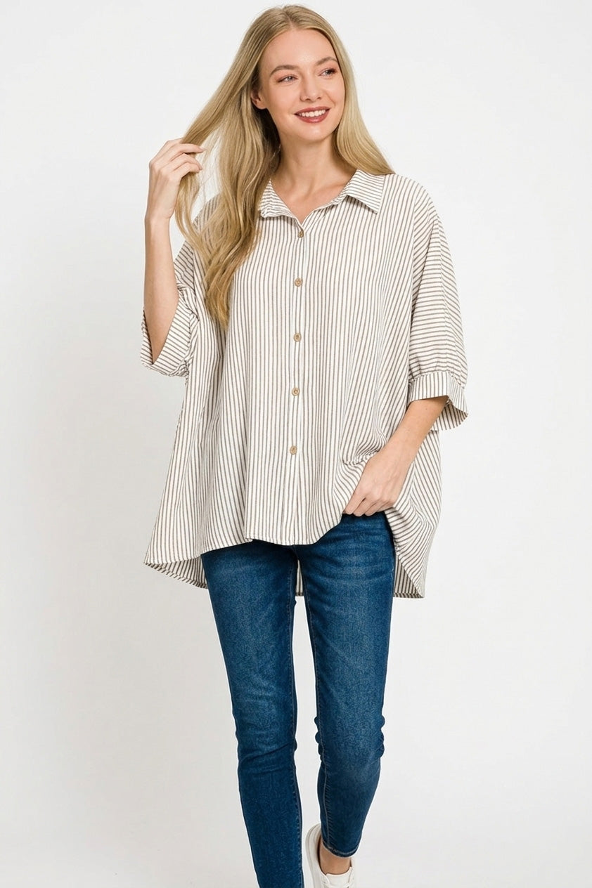 Zenana Woven Stripe Button Down Boxy Shirt