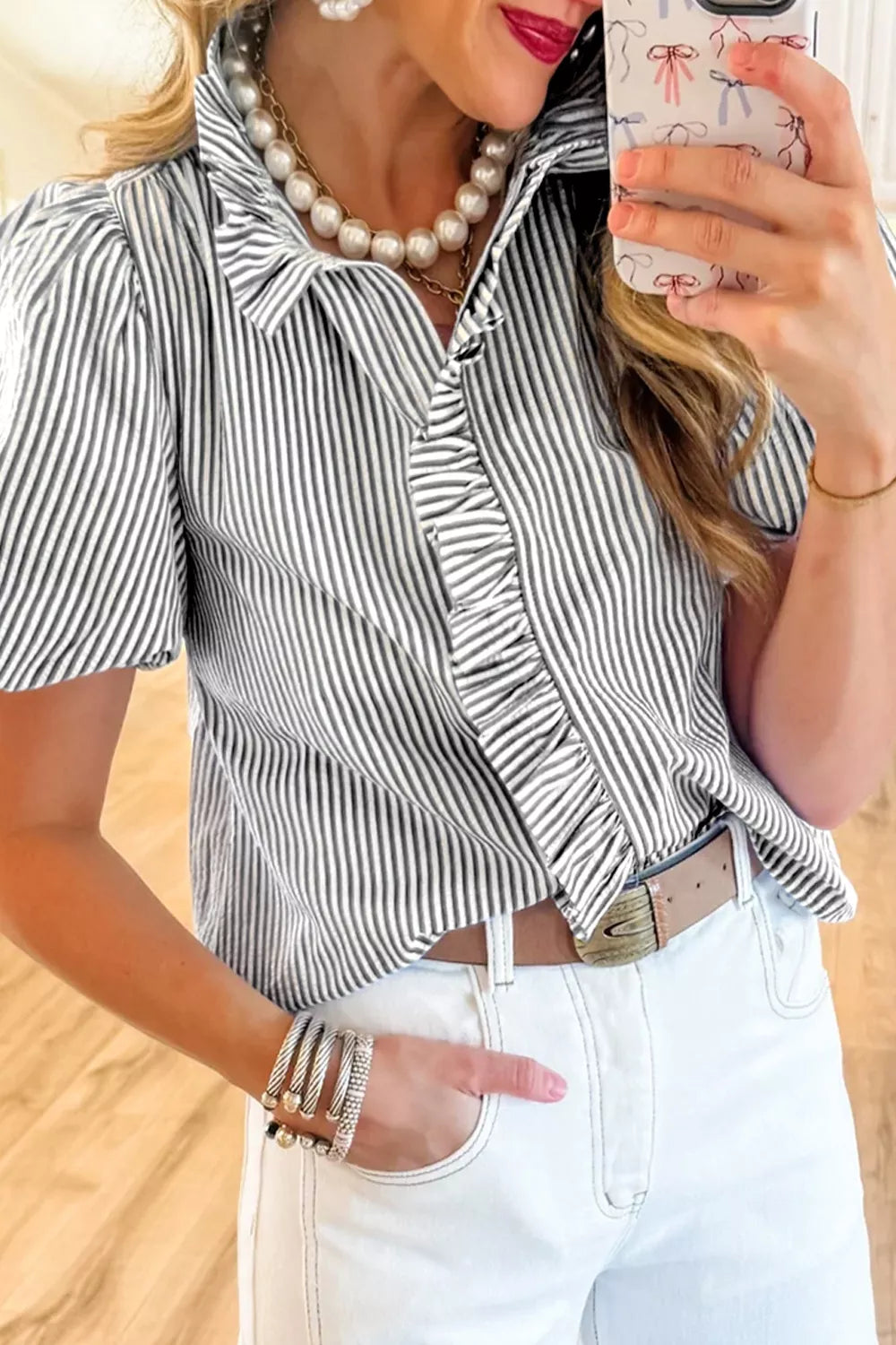 Striped Ruffle Short Bubble Sleeve Shirt