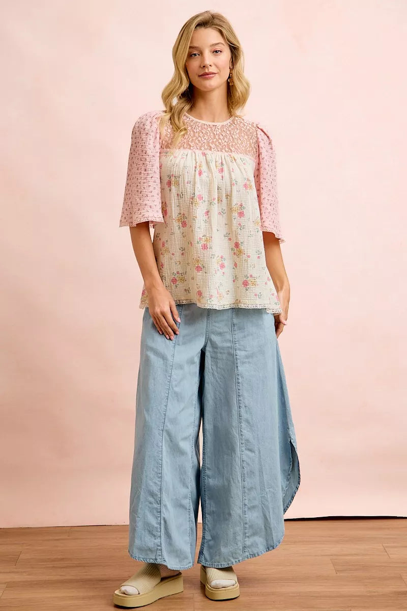 BiBi Crinkle Floral Gauze Mix And Matched Blouse Top