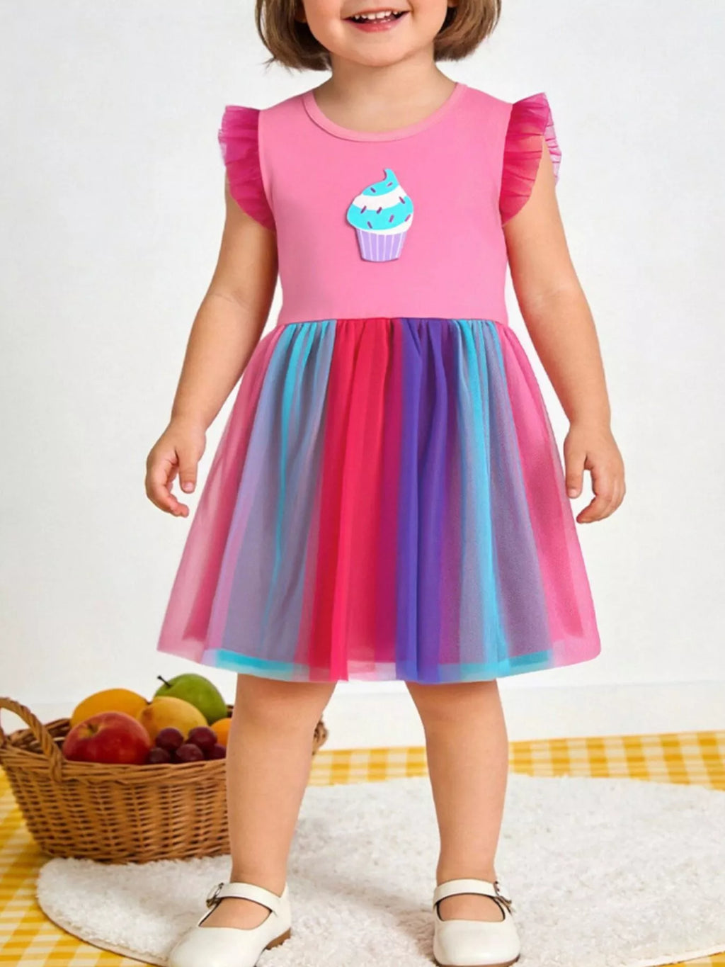 Children's Cupcake Graphic Rainbow Tulle Dress