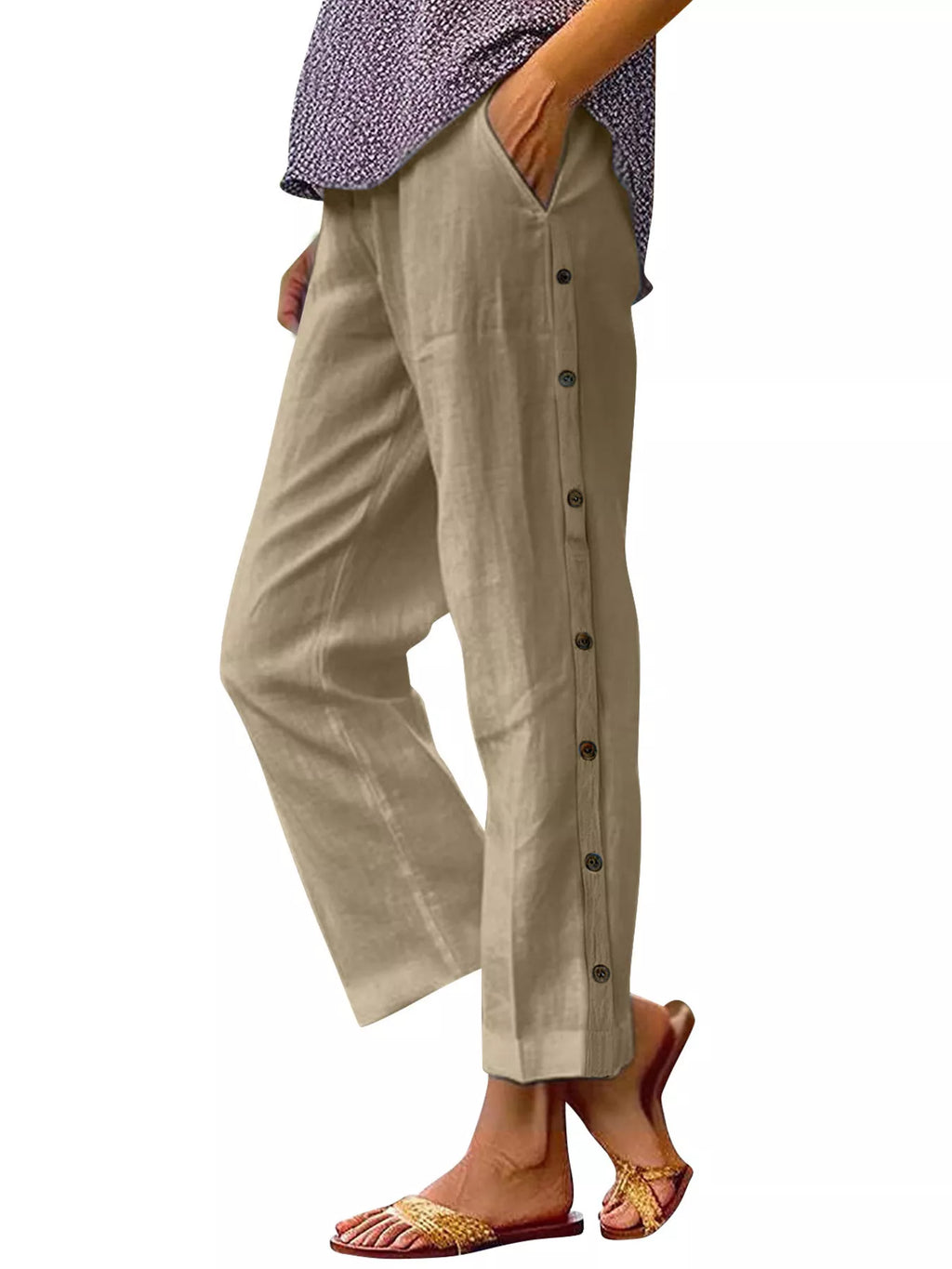 Full Size Side Button Decor Pants Plus Size