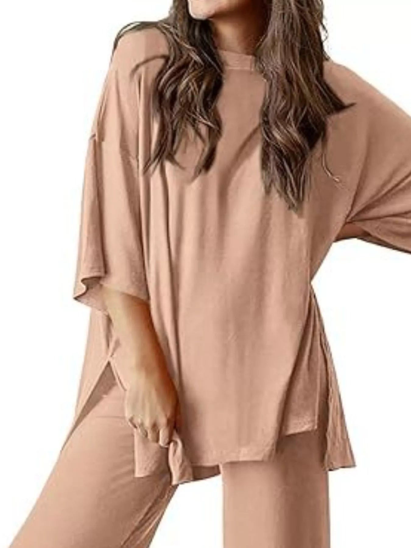 Slit Round Neck Top and Pants Set