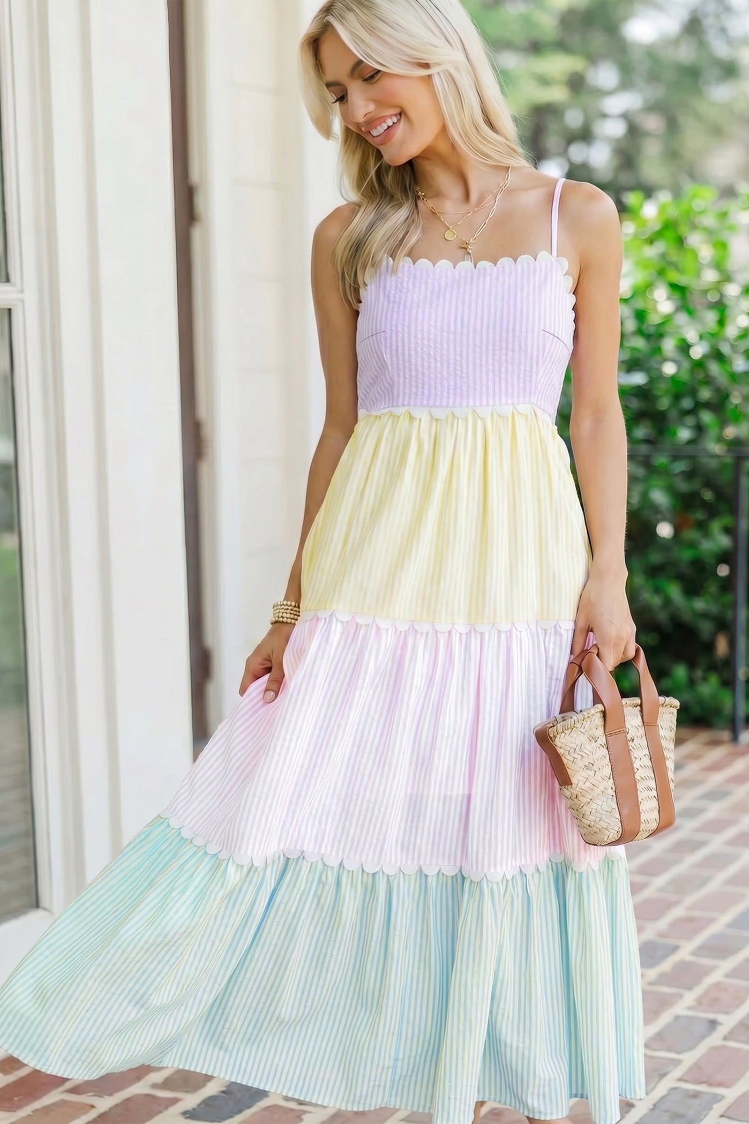 Stripe Colorblock Scallop Ricrac Trim Maxi Dress