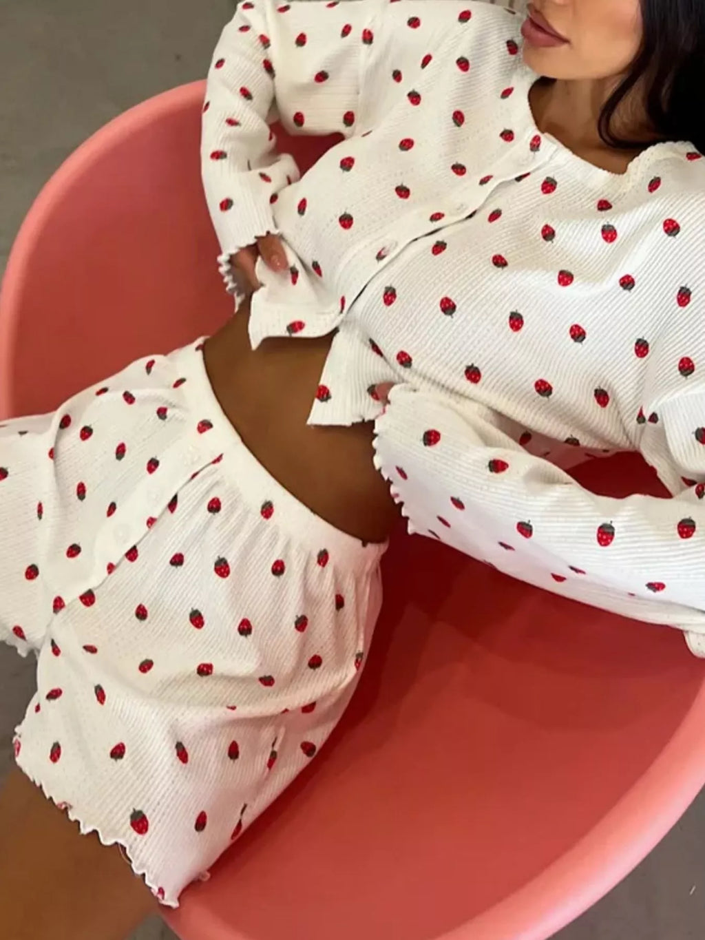 Strawberry Print Button-Down Top and Shorts Lounge Set