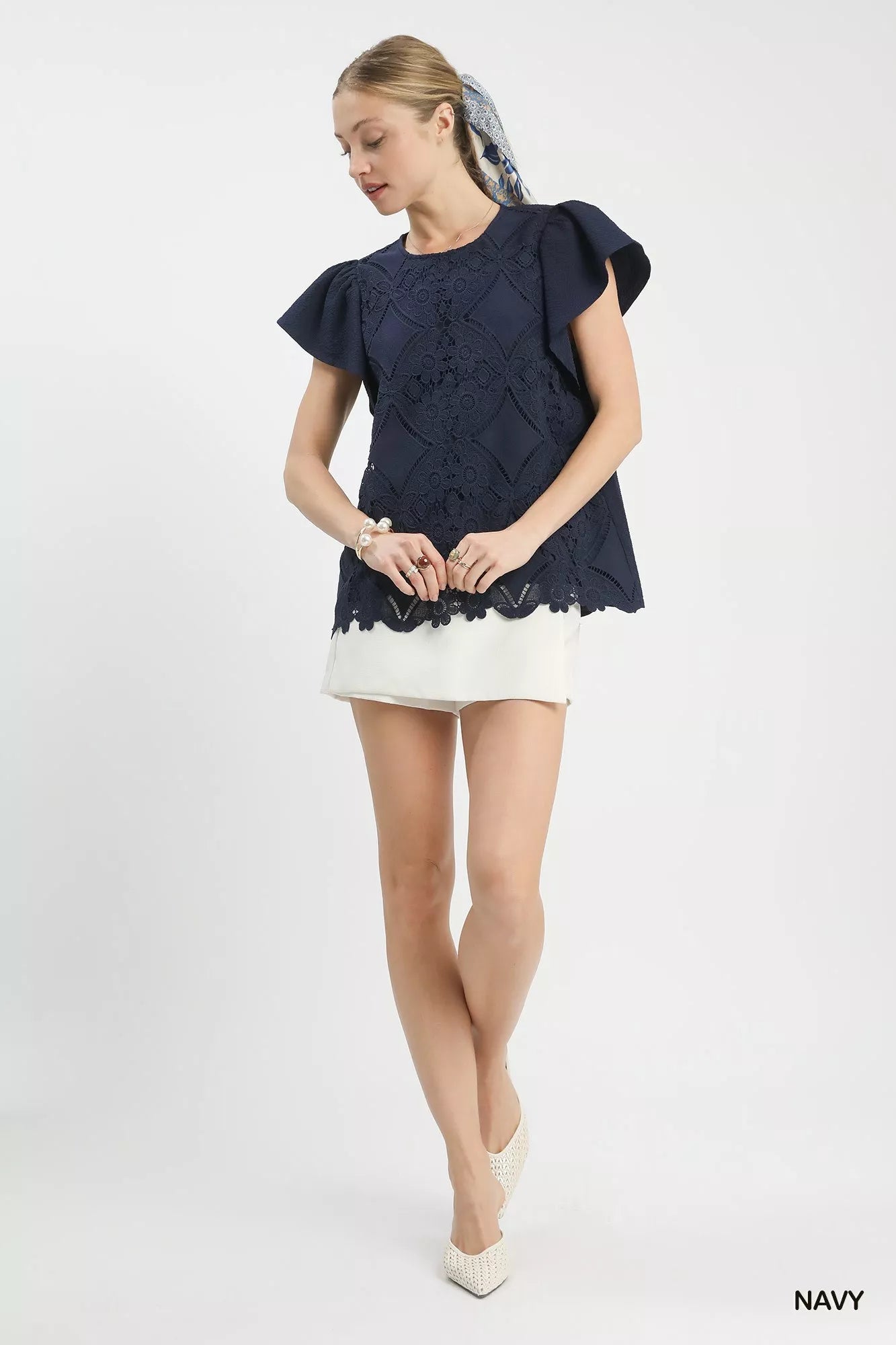 Umgee Floral Lace Overlay Flutter Sleeve Top