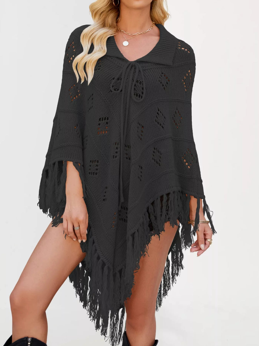 Fringe Openwork Knit Cover Up