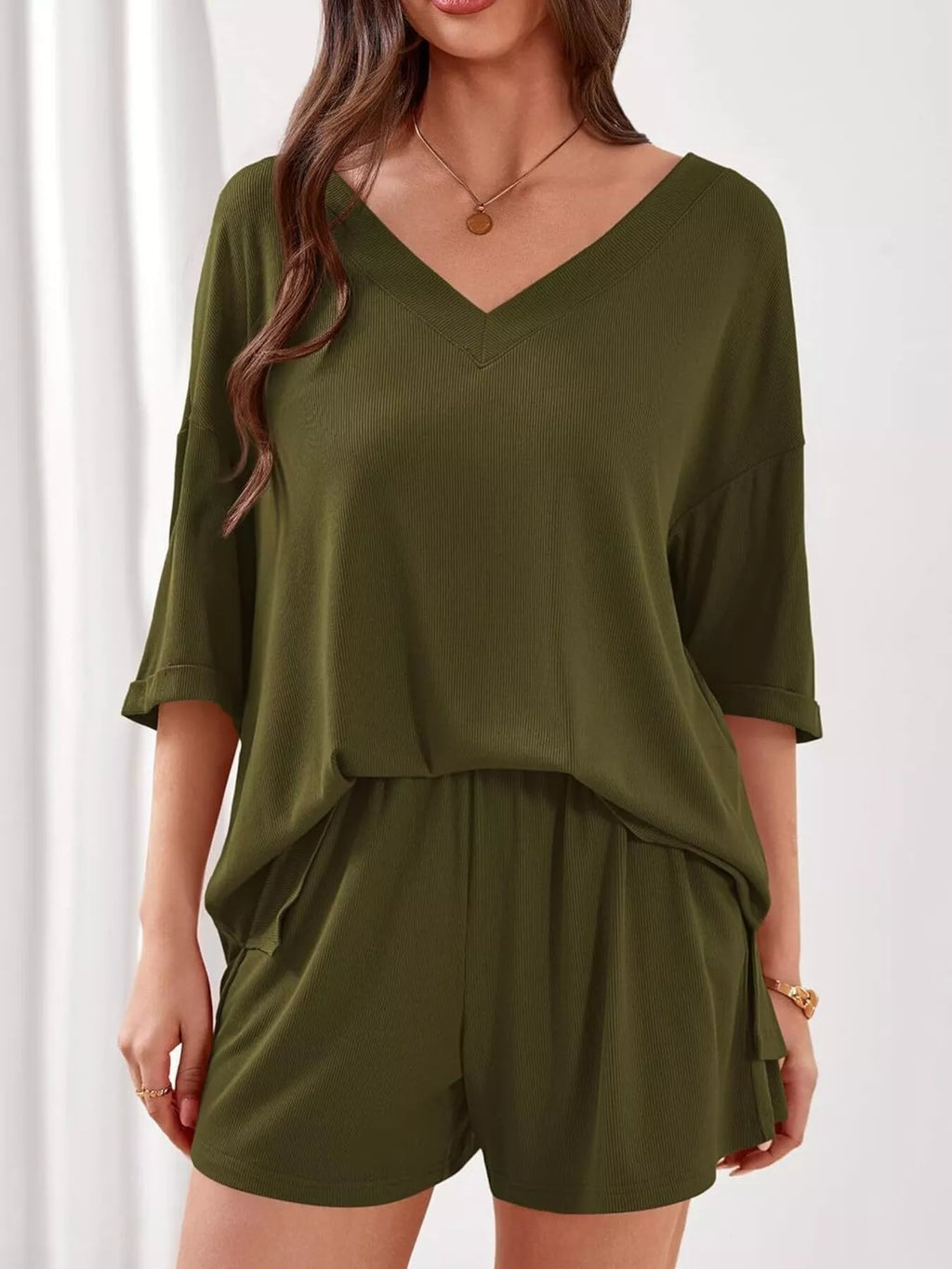 Casual Solid Color V-Neck Top & Shorts Set