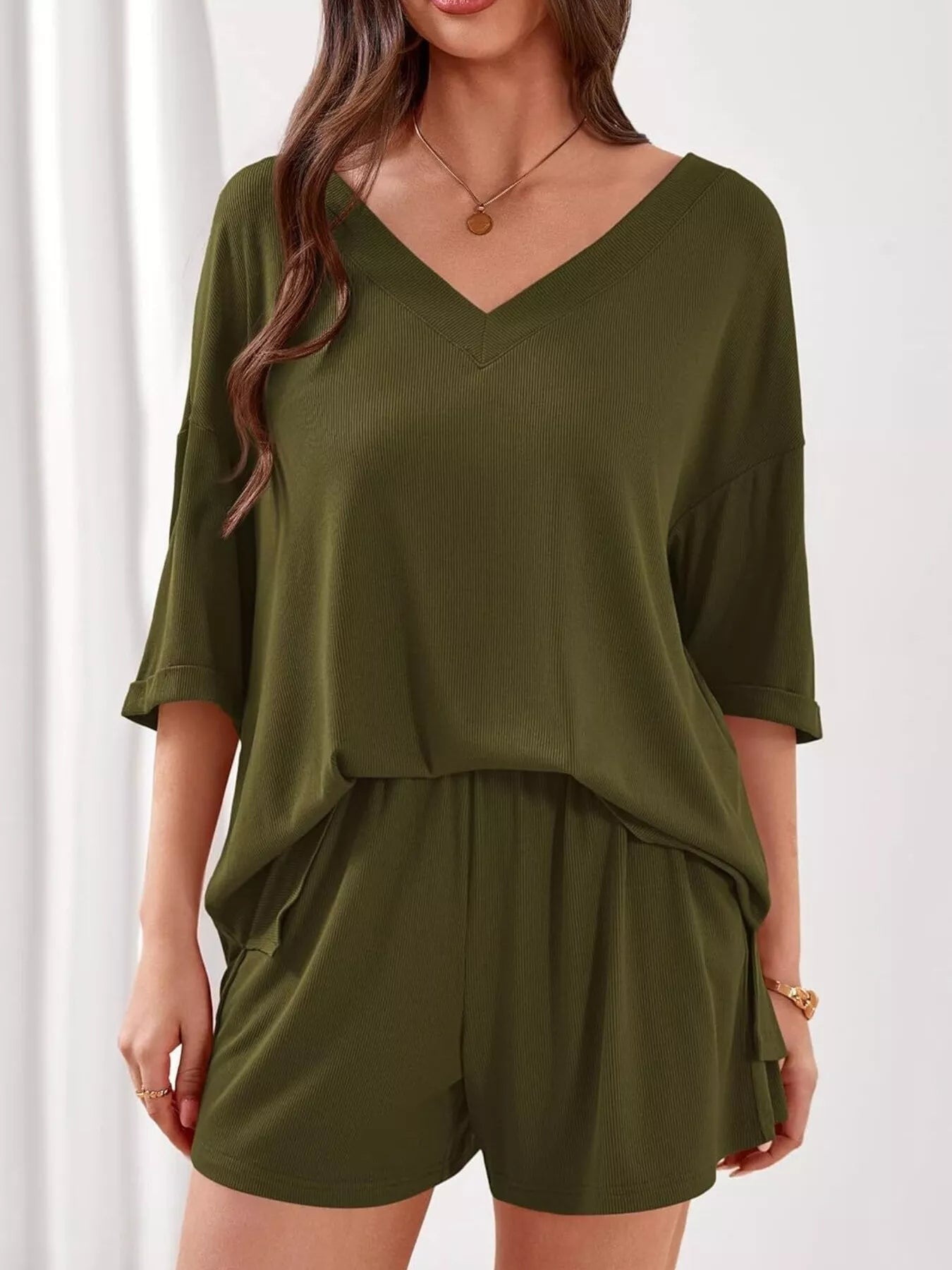 Casual Solid Color V-Neck Top & Shorts Set