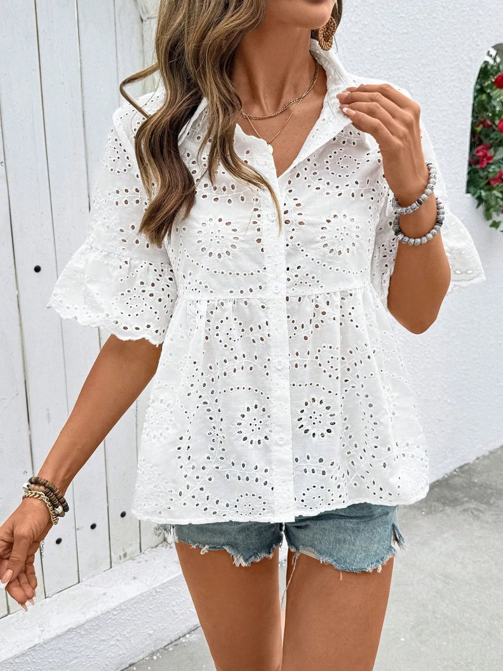 Eyelet Solid Collared Neck Half Sleeve Shirt