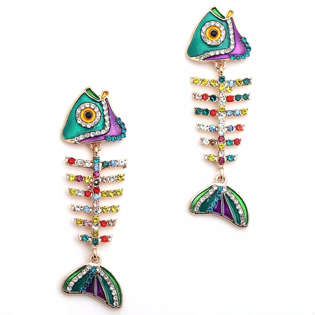 Rhinestone Colorful Fish Bone Statement Earrings