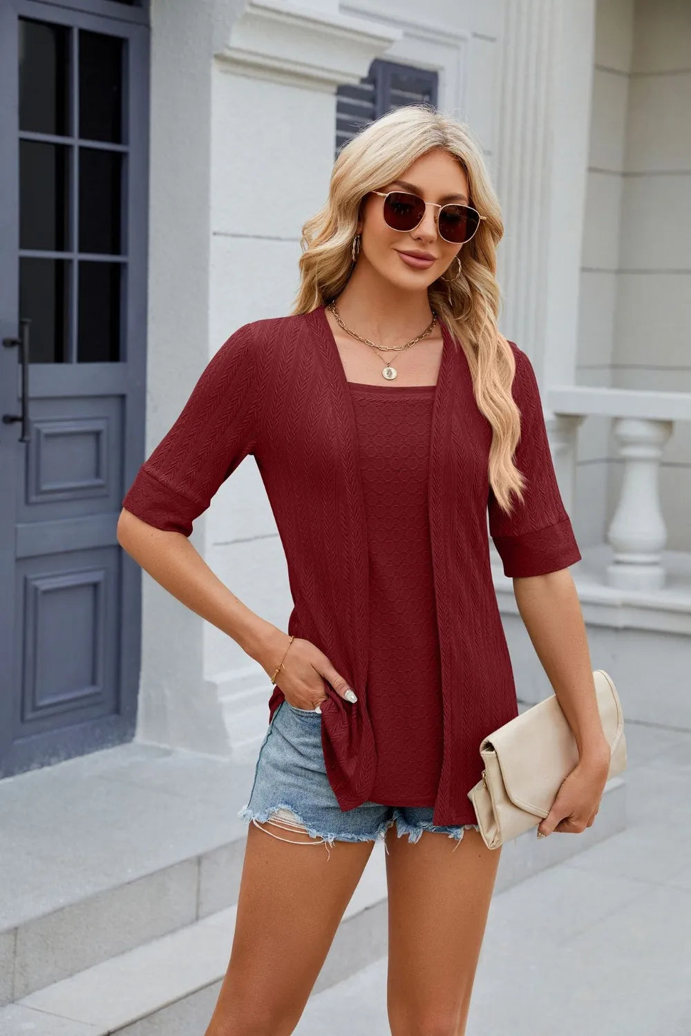 Texture Square Neck Short Sleeve Blouse