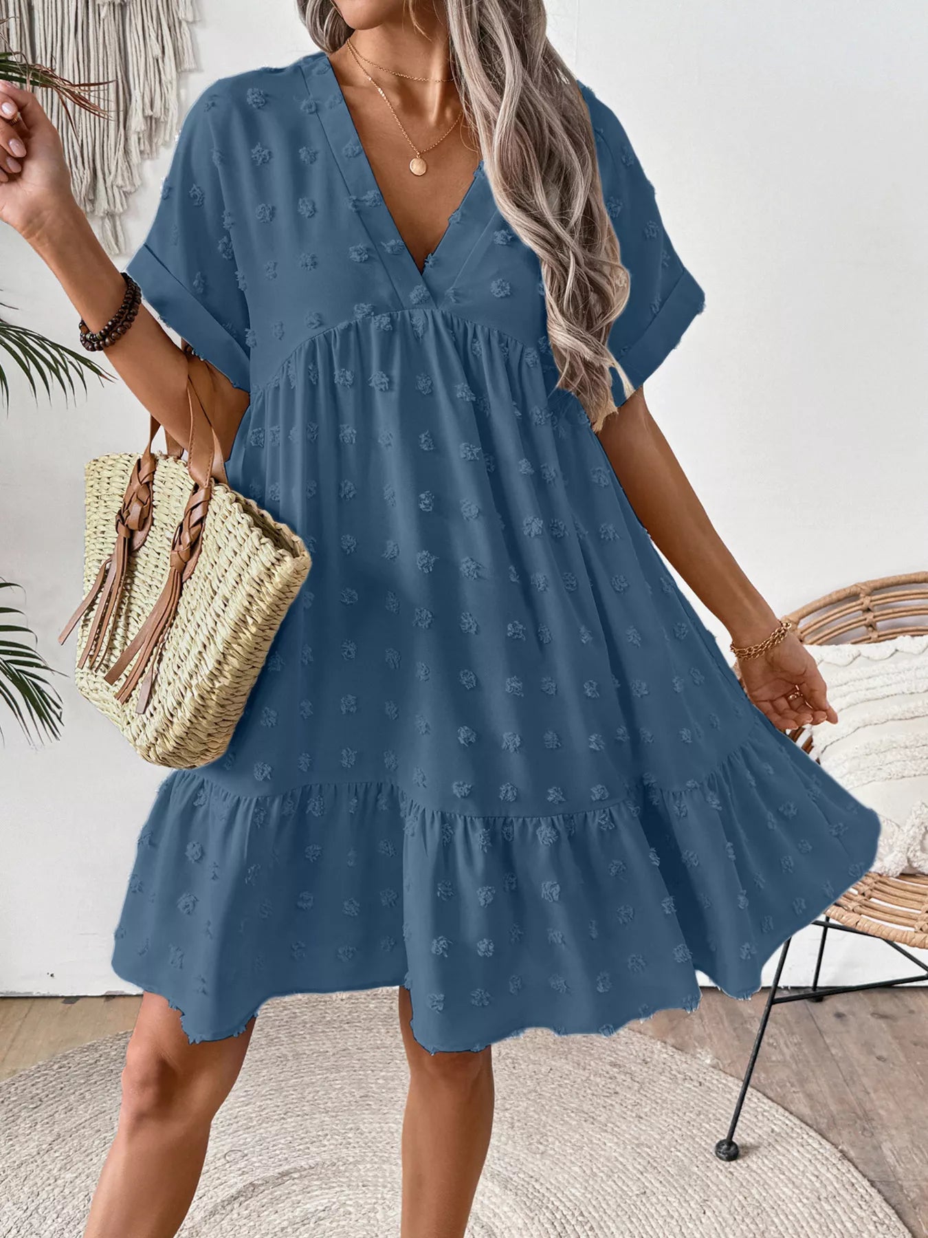 Swiss Dot V-Neck Tiered Mini Dress