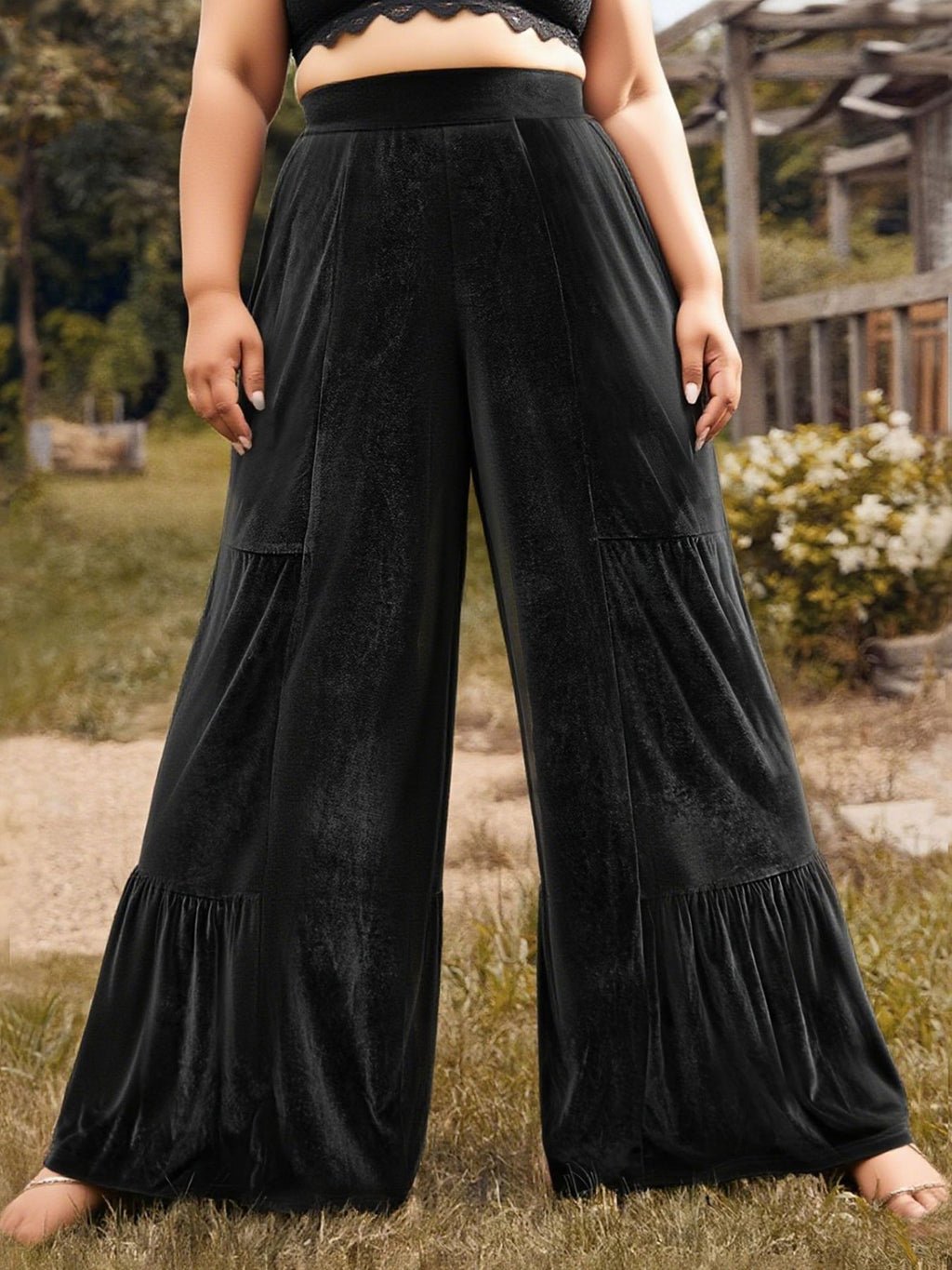 Plus Size Velvet Ruffle Hem Wide Leg Pants