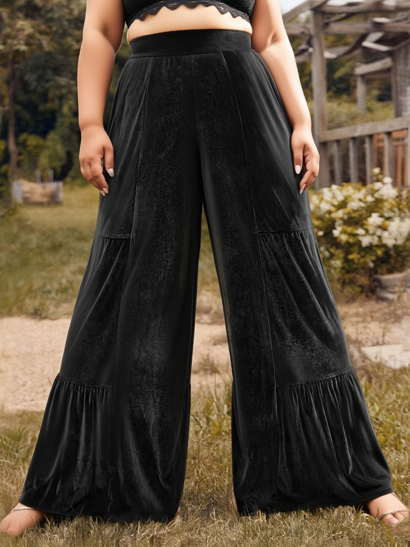 Plus Size Velvet Ruffle Hem Wide Leg Pants