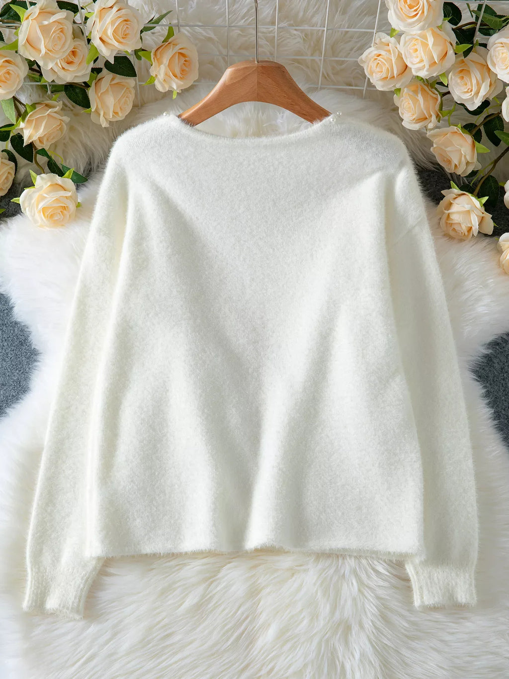 Pearl Trim Fuzzy Knit Cardigan