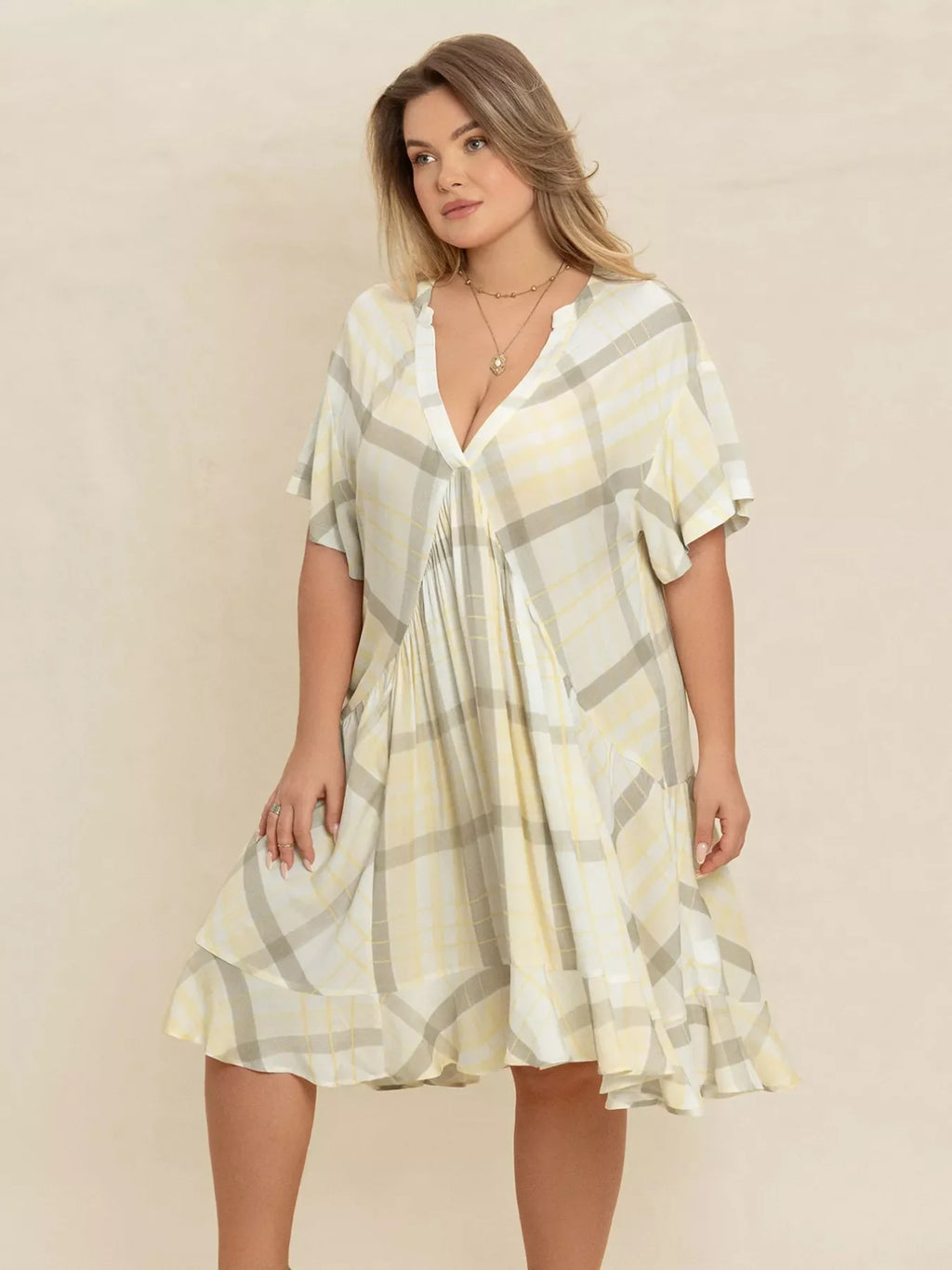 Plus Size Plaid Flutter Sleeve Dress