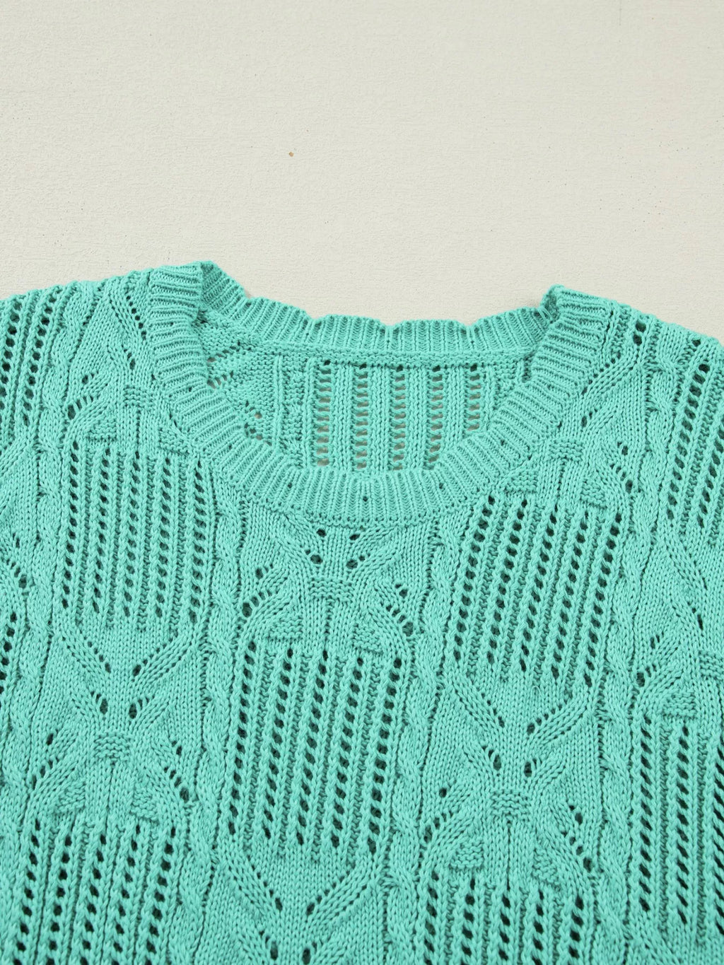 Pointelle Knit Patterned Scalloped Trim Short Sleeve Sweater