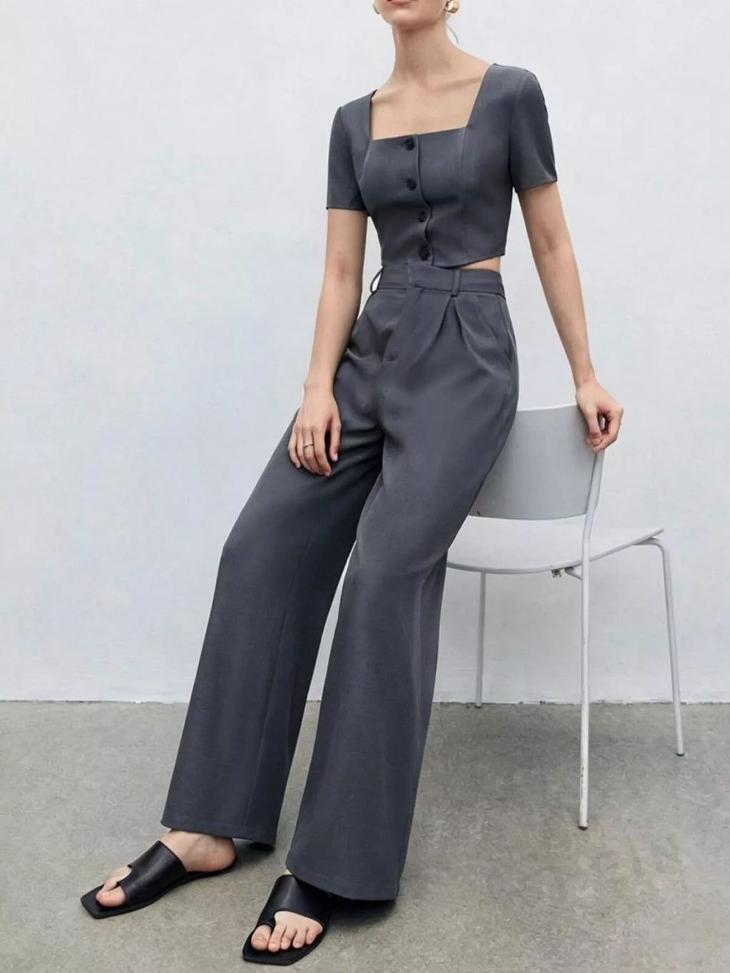 Square Neck Crop Top & Wide Leg Pants Set