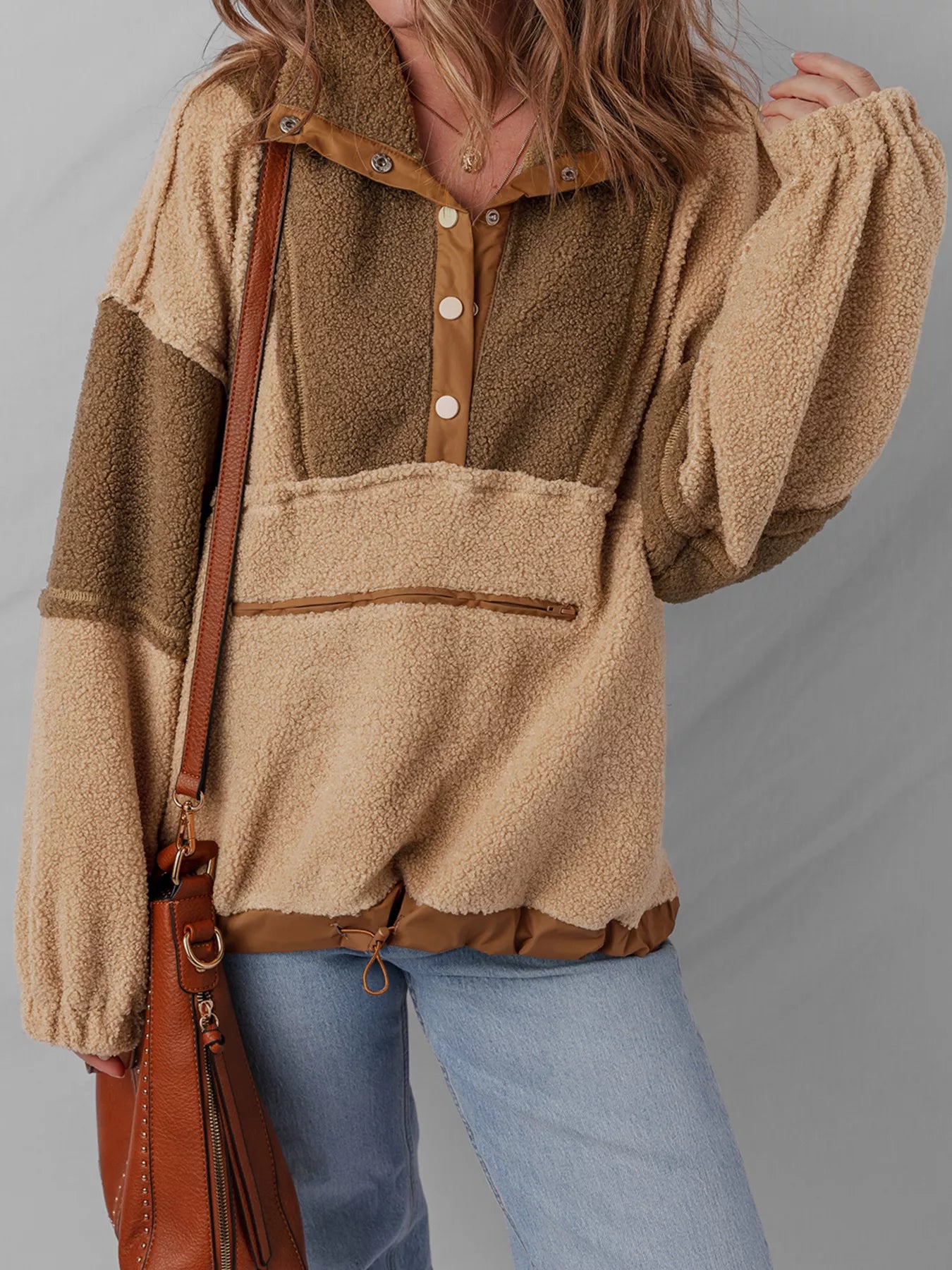 Color Block Patchwork Half Button Sherpa Sweatshirt