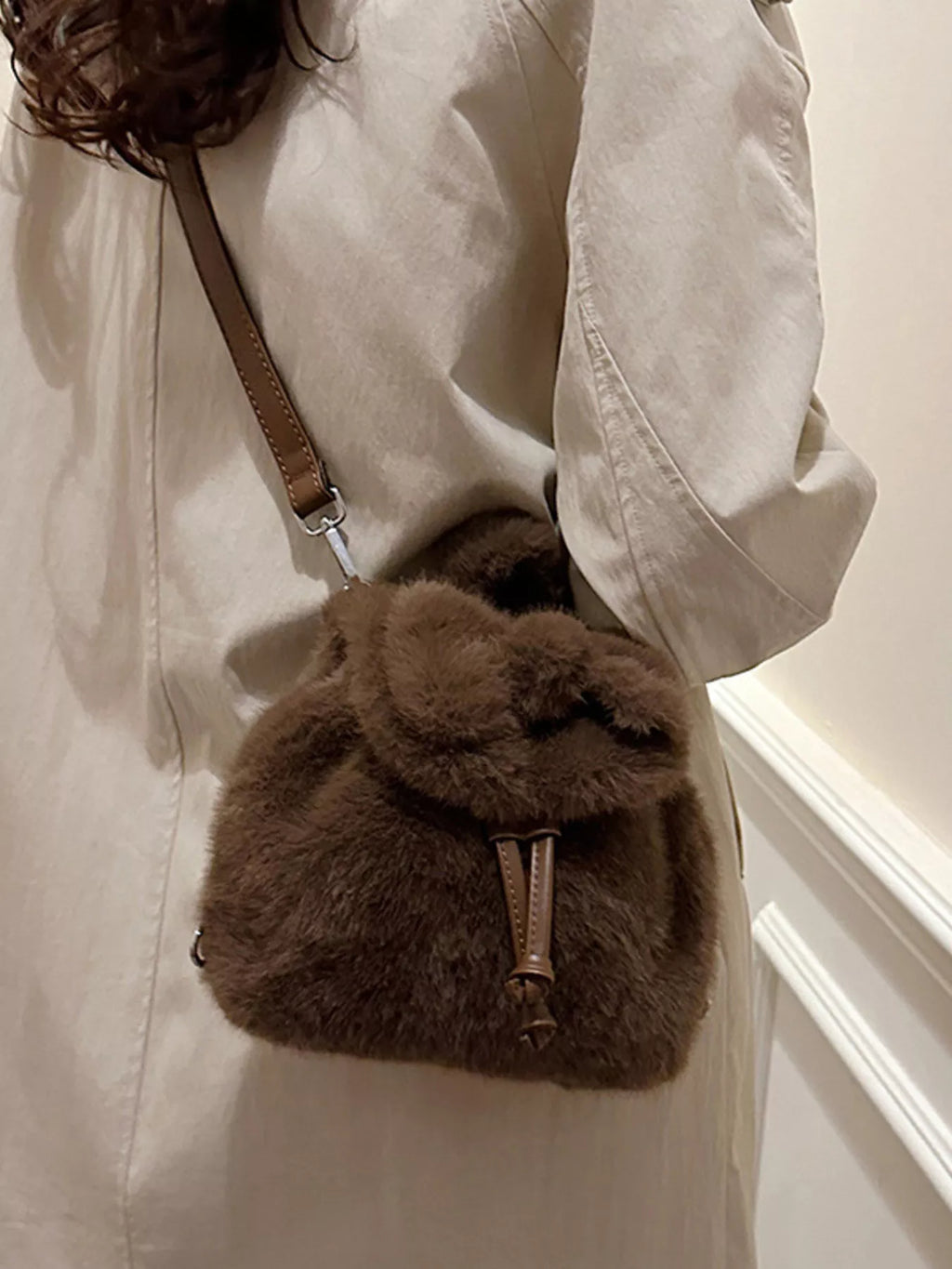 Fuzzy Plush Drawstring Backpack Bag